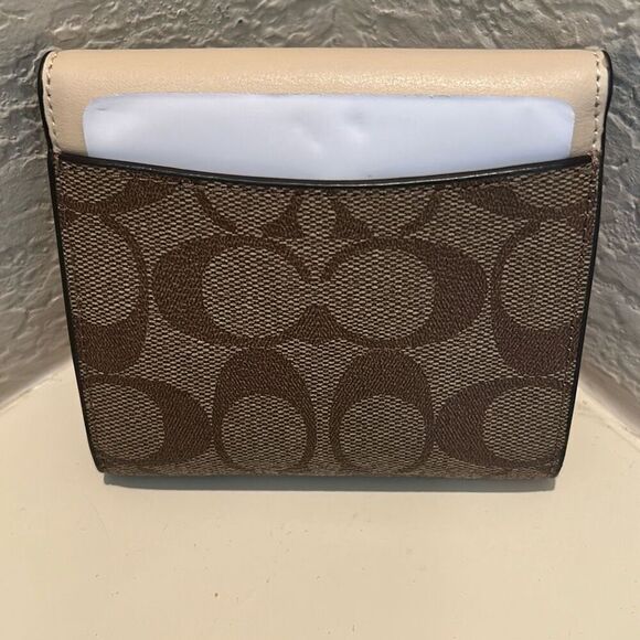 Coach Small Trifold Wallet Signature Logo Canvas Brown - Picture 3 of 9